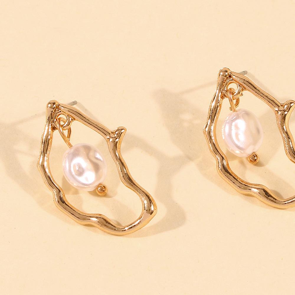 Daily Drop Mart Irregular Gold Frame Pearl Drop Earrings 